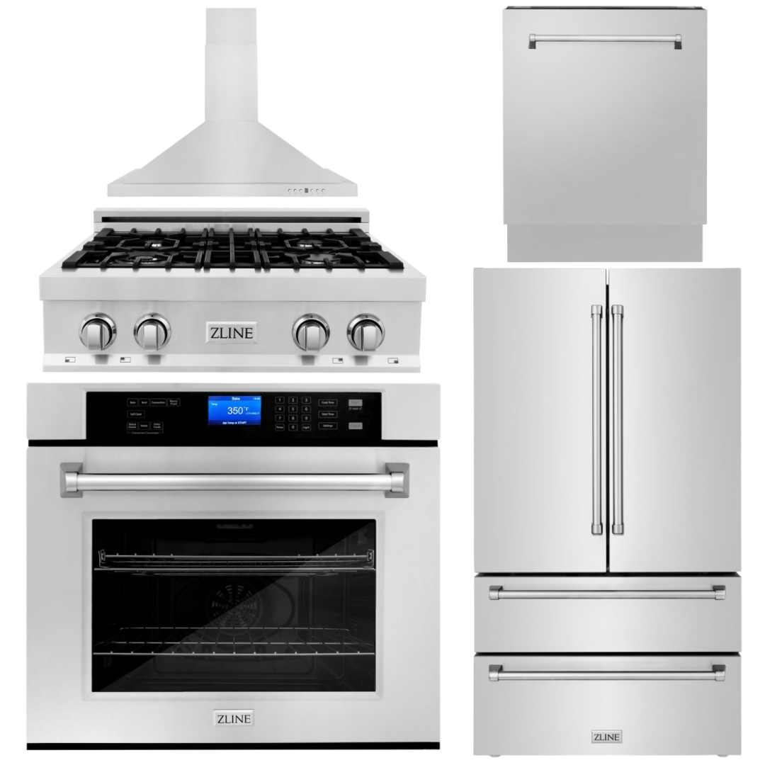 Kitchen Package with Black Stainless Steel Refrigeration, 30 Rangetop, 30  Range Hood and 30 Single Wall Oven