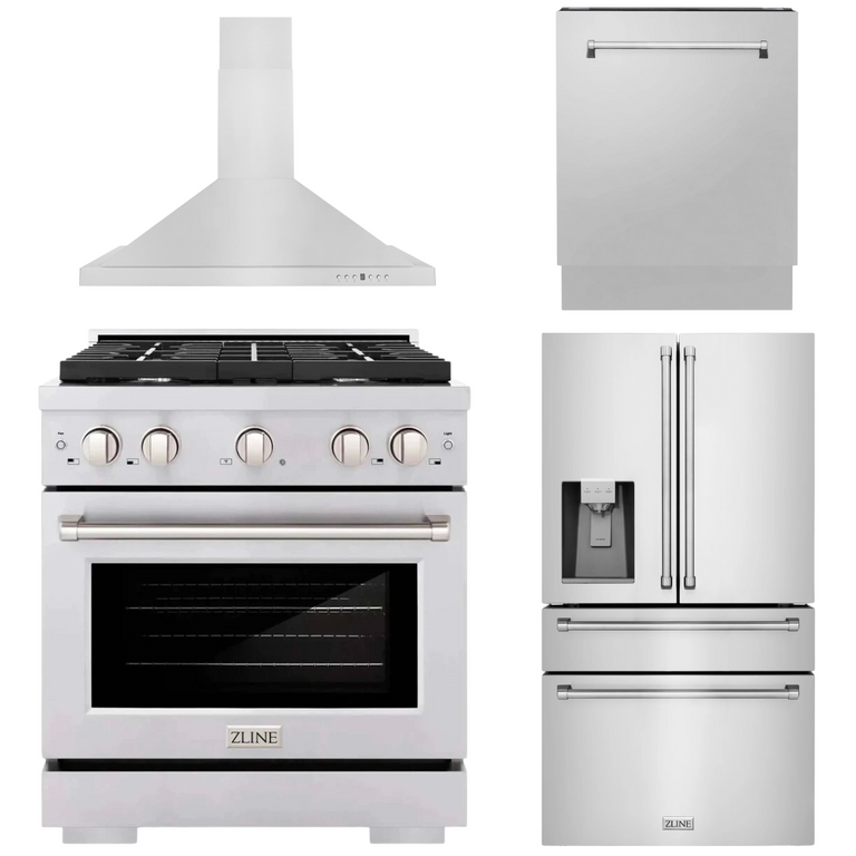 ZLINE Appliance Package - 30" Gas Range, Range Hood, Refrigerator with Water & Ice Dispenser, Dishwasher, 4KPRW-SGRRH30-DWV