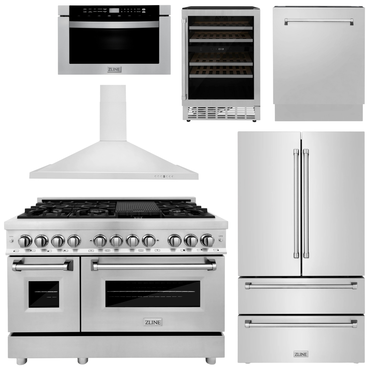 ZLINE Appliance Package - 48" Dual Fuel Range, Range Hood, Refrigerator, Microwave Drawer, Dishwasher and Wine Cooler, 6KPR-RARH48-MWDWV-RWV