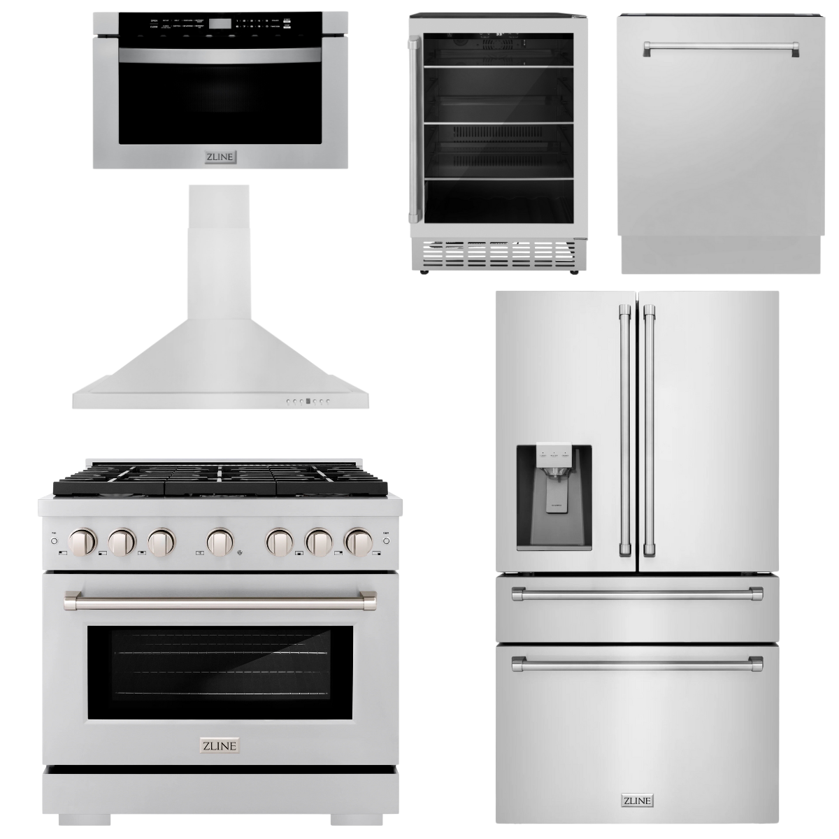 ZLINE Appliance Package - 36" Gas Range, Range Hood, Refrigerator with Water and Ice Dispenser, Microwave Drawer, Dishwasher and Beverage Fridge
