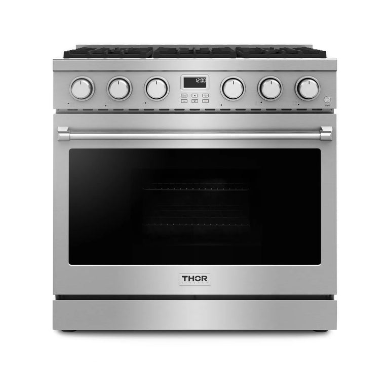 Thor Contemporary Package - 36" Gas Range, Range Hood, Refrigerator, Dishwasher and Microwave, Thor-AP-ARG36-A86