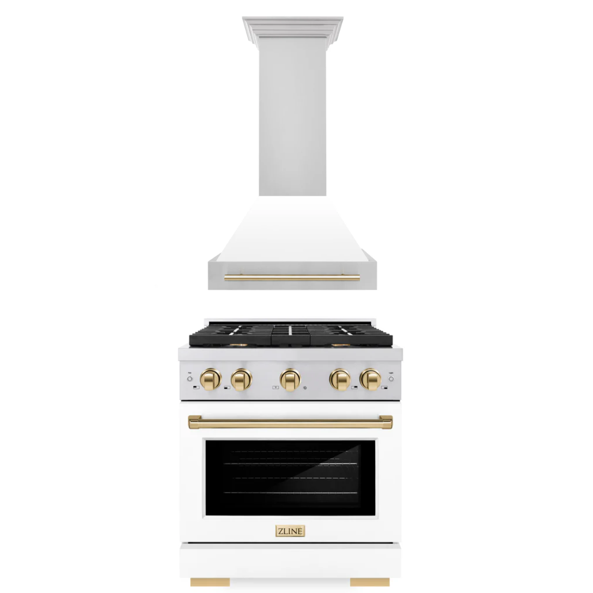 ZLINE Autograph Package - 30 In. Gas Range and Range Hood in Stainless Steel with White Matte Door and Gold Accents, 2AKP-RGWMRH30-G
