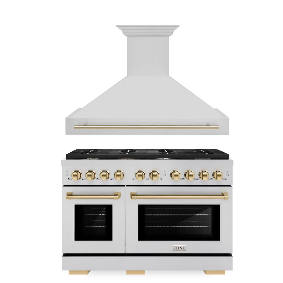 ZLINE Autograph Package - 48 In. Gas Range and Range Hood in Stainless Steel with Gold Accents, 2AKPR-RGRH48-G