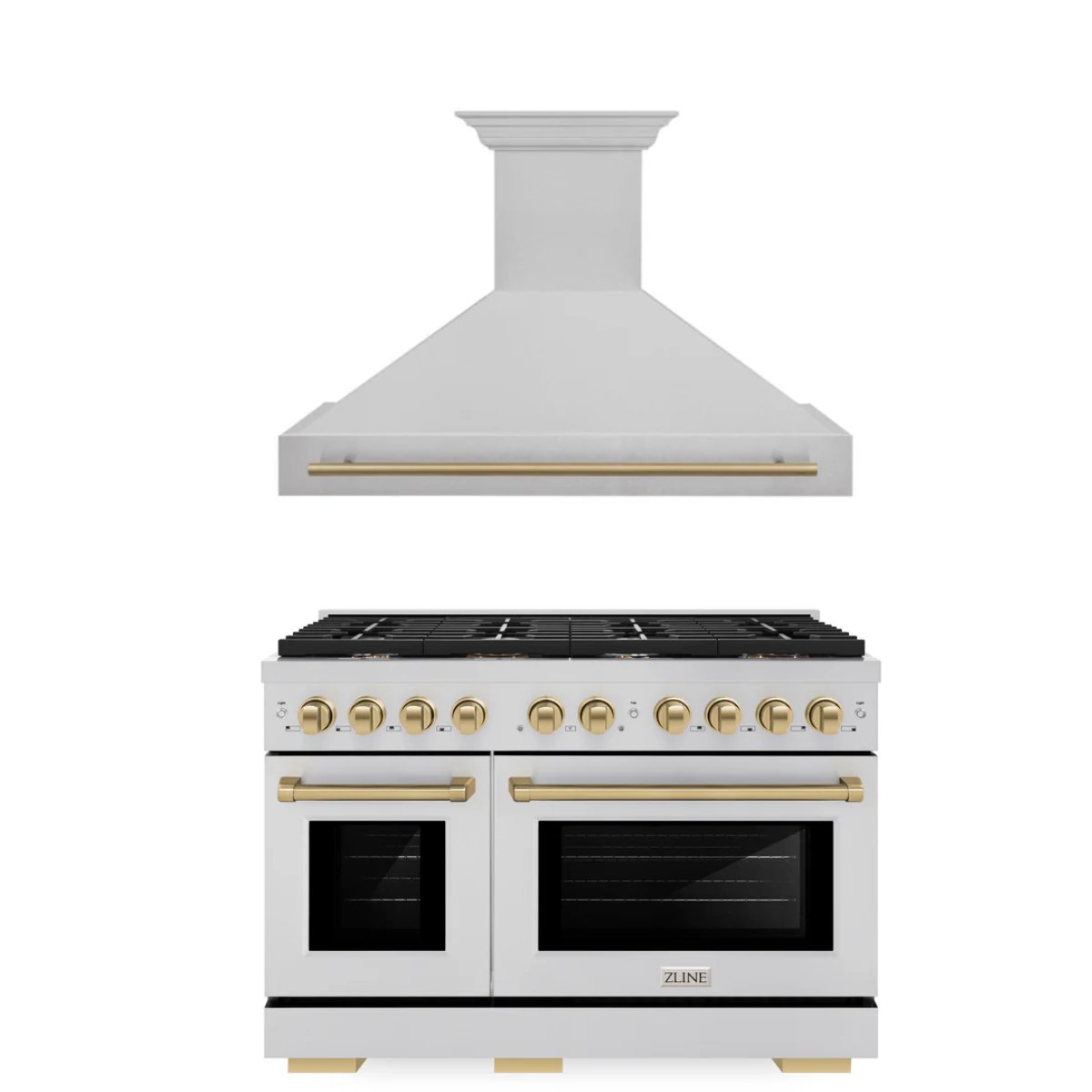 ZLINE Autograph Package - 48 In. Gas Range and Range Hood in DuraSnow® Stainless Steel with Champagne Bronze Accents, 2AKPR-RGSRH48-CB