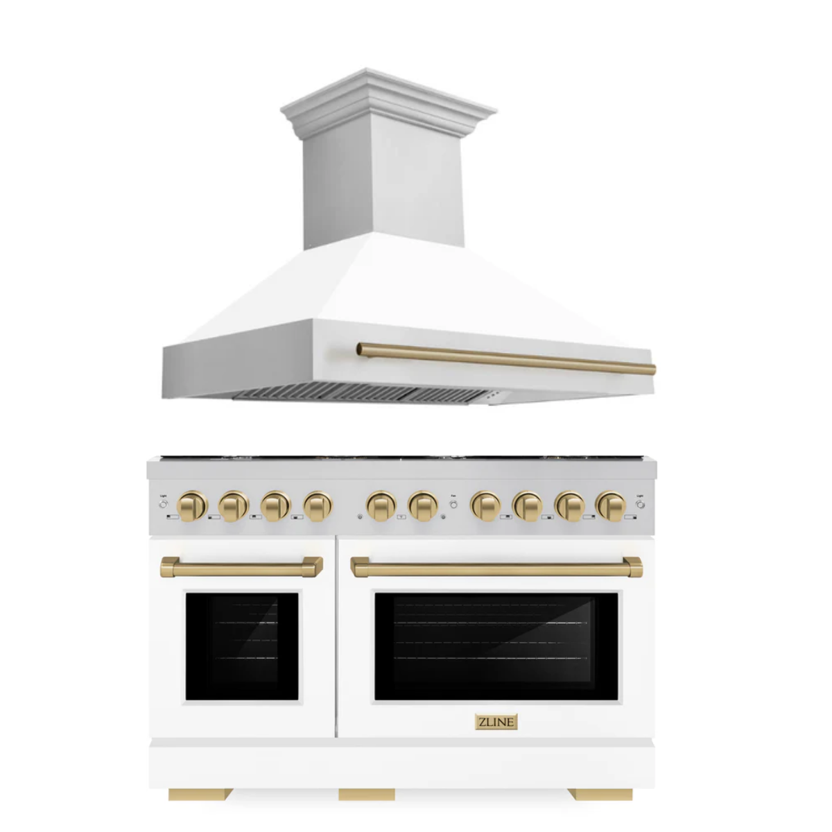 ZLINE Autograph Package - 48 In. Gas Range and Range Hood in Stainless Steel with White Matte Door and Champagne Bronze Accents, 2AKPR-RGWMRH48-CB