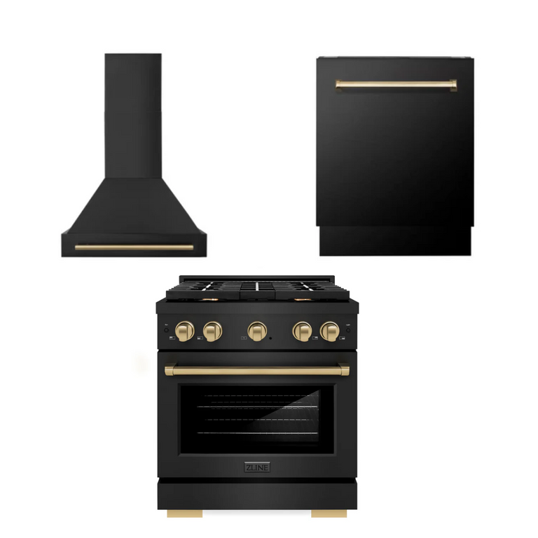 ZLINE Autograph Package - 30 In. Gas Range, Range Hood, Dishwasher in Black Stainless Steel with Champagne Bronze Accents, 3AKP-RGBRHDWV30-CB