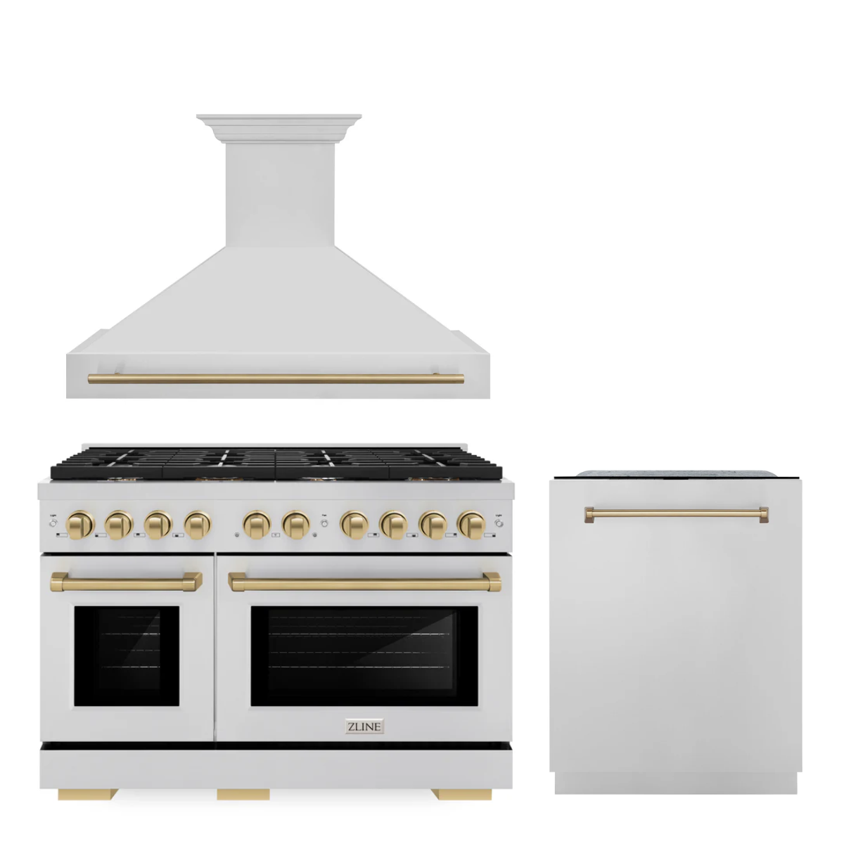 ZLINE Autograph Package - 48 In. Gas Range, Range Hood and Dishwasher in Stainless Steel with Champagne Bronze Accents, 3AKPR-RGRH48-CB