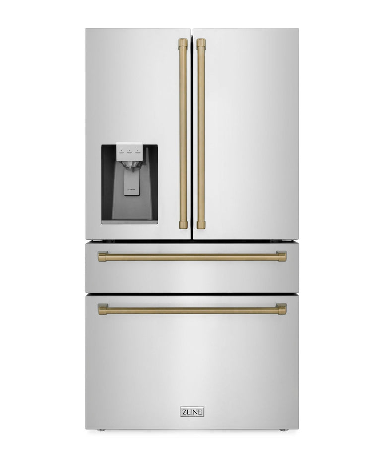 ZLINE Autograph Bronze Package - 48" Rangetop, 48" Range Hood, Dishwasher, Refrigerator with External Water and Ice Dispenser, Microwave Drawer
