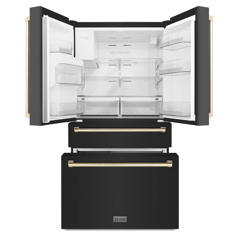 ZLINE Autograph Package - 48" Dual Fuel Range, Range Hood, Refrigerator with Water and Ice Dispenser, Microwave and Dishwasher in Black Stainless Steel with Gold Accents