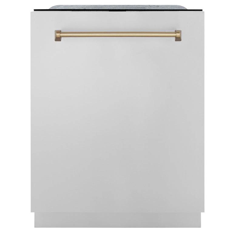 ZLINE Autograph Package - 36" Dual Fuel Range, Range Hood, Refrigerator, Microwave and Dishwasher in Stainless Steel with Bronze Accents