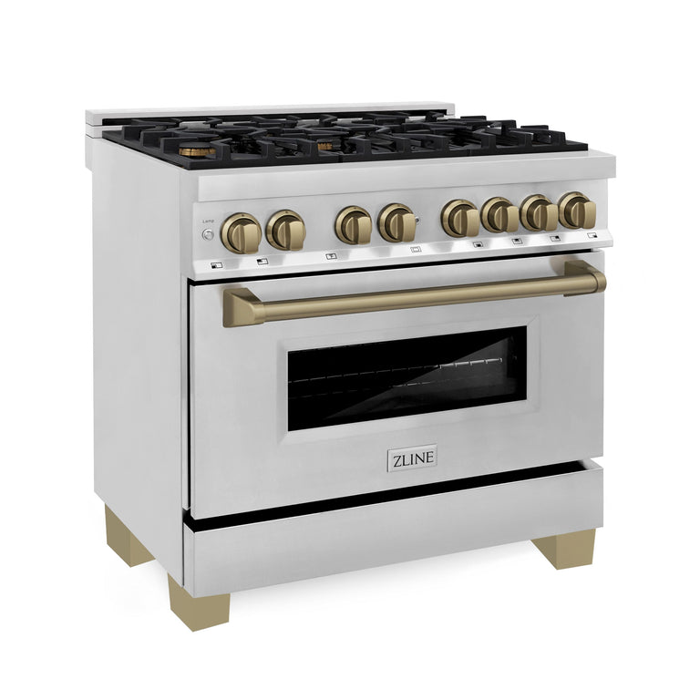 ZLINE Autograph Package - 36" Dual Fuel Range, Range Hood, Refrigerator, Microwave and Dishwasher in Stainless Steel with Bronze Accents