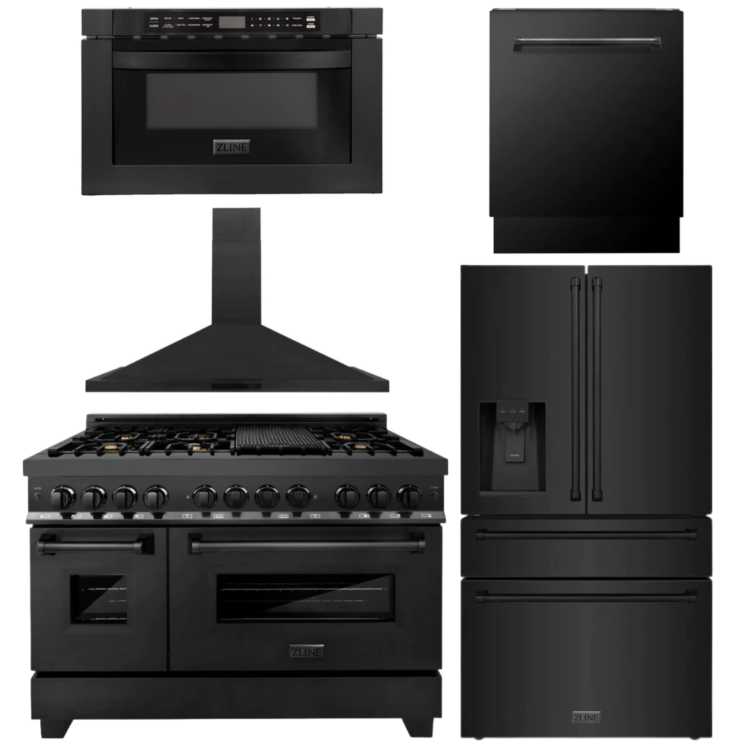 ZLINE Package - 48" Dual Fuel Range, Hood, Refrigerator with Water & Ice Dispenser, Dishwasher and Microwave in Black Stainless