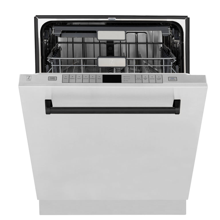 ZLINE Autograph Package - 30" Dual Fuel Range, Range Hood, Dishwasher, Refrigerator with Matte Black Accents