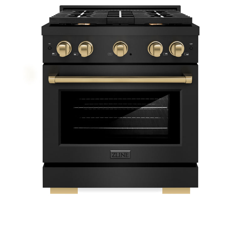 ZLINE Autograph Package - 30" Gas Range, Range Hood, Refrigerator, Dishwasher in Black Stainless with Bronze Accents