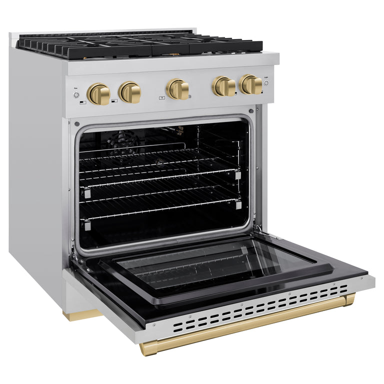 ZLINE Autograph Package - 30 In. Gas Range, Range Hood, Dishwasher in Stainless Steel with Champagne Bronze Accents, 3AKP-RGRHDWM30-CB