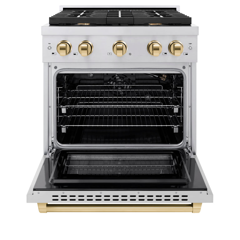 ZLINE Autograph Package - 30 In. Gas Range, Range Hood, Dishwasher in Stainless Steel with Gold Accents, 3AKP-RGRHDWM30-G