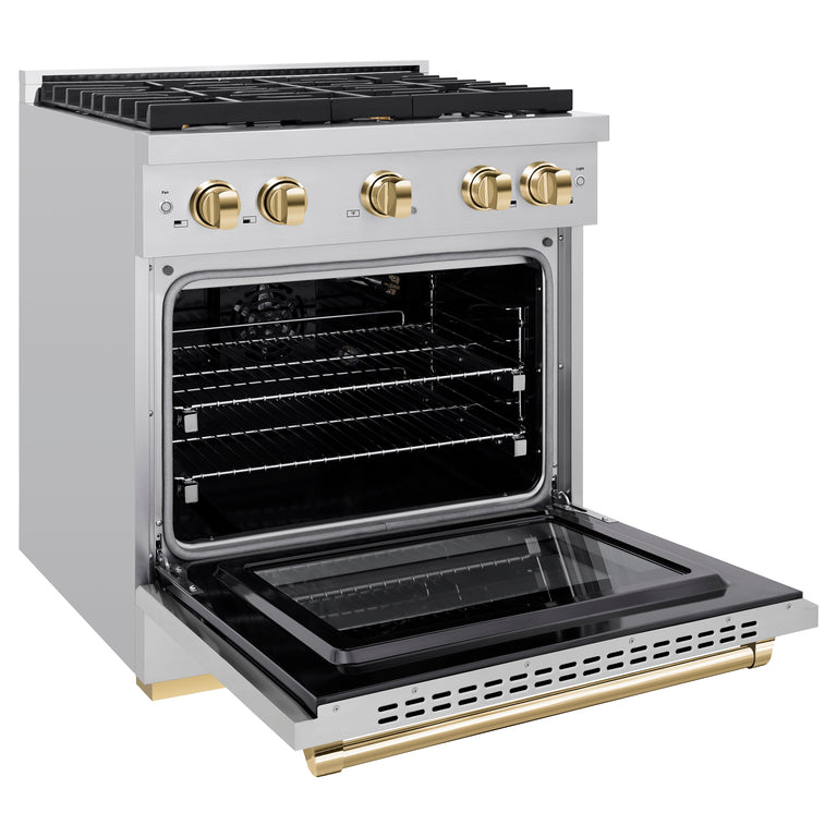 ZLINE Autograph Package - 30 In. Gas Range, Range Hood, Dishwasher in Stainless Steel with Gold Accents, 3AKP-RGRHDWM30-G