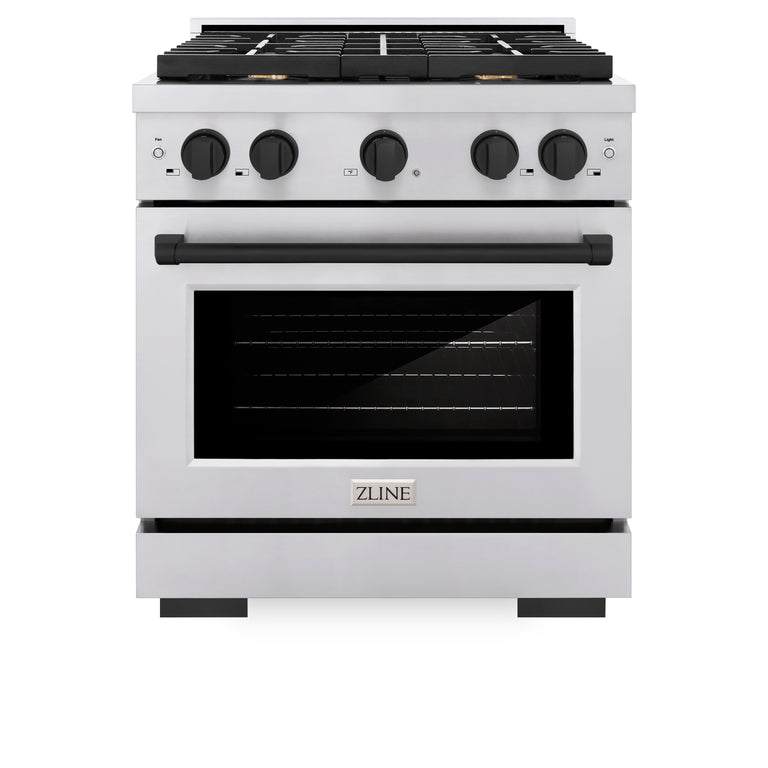 ZLINE Autograph Package - 30 In. Gas Range, Range Hood, Dishwasher in Stainless Steel with Matte Black Accents, 3AKP-RGRHDWM30-MB