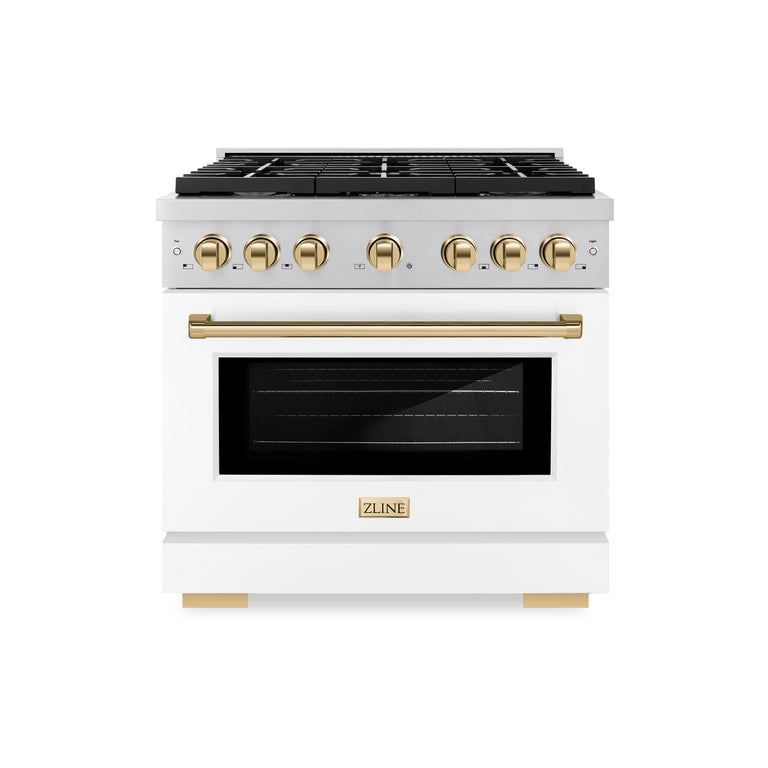 ZLINE Autograph Package - 36 In. Gas Range and Range Hood with White Matte Door and Gold Accents, 2AKP-RGWMRH36-G
