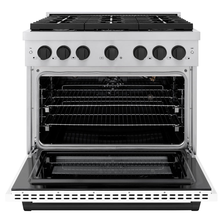 ZLINE Autograph Package - 36 In. Gas Range and Range Hood with White Matte Door and Matte Black Accents, 2AKP-RGWMRH36-MB