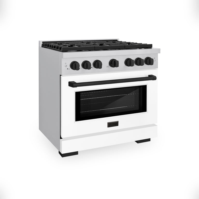 ZLINE Autograph Package - 36 In. Gas Range and Range Hood with White Matte Door and Matte Black Accents, 2AKP-RGWMRH36-MB