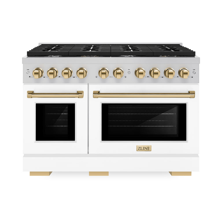 ZLINE Autograph Package - 48 In. Gas Range, Range Hood, and Dishwasher with White Matte Door and Gold Accents, 3AKPR-RGWMRH48-G