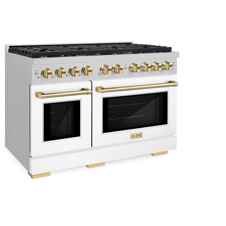ZLINE Autograph Package - 48 In. Gas Range, Range Hood, and Dishwasher with White Matte Door and Gold Accents, 3AKPR-RGWMRH48-G