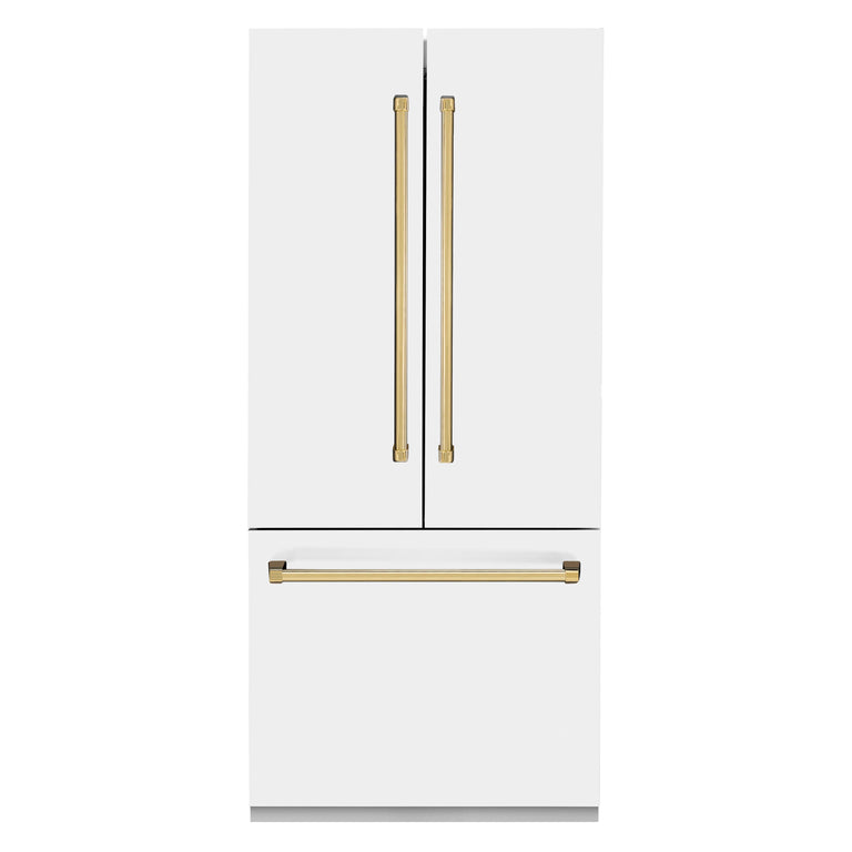 ZLINE 36 In. 19.6 cu. ft. Built-In French Door Refrigerator with Internal Water and Ice Dispenser in White Matte with Gold Accents, RBIVZ-WM-36-G