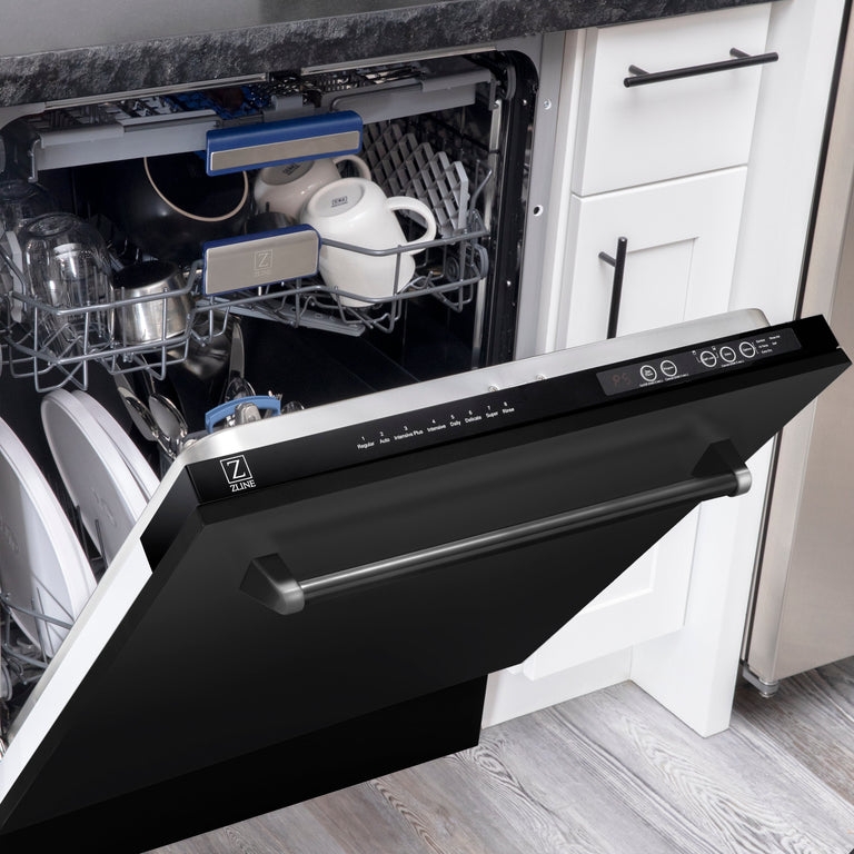 ZLINE Package - 36" Dual Fuel Range, Range Hood, Refrigerator with Water & Ice Dispenser, Dishwasher, Microwave In Black Stainless Steel