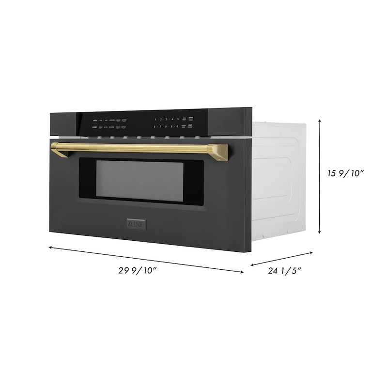 ZLINE Autograph Package - 48" Dual Fuel Range, Range Hood, Refrigerator with Water and Ice Dispenser, Microwave and Dishwasher in Black Stainless Steel with Gold Accents