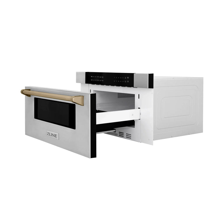 ZLINE Autograph Bronze Package - 48" Rangetop, 48" Range Hood, Dishwasher, Refrigerator with External Water and Ice Dispenser, Microwave Drawer