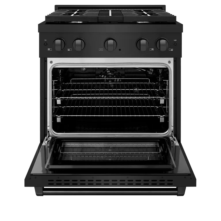 ZLINE Appliance Package - 30 in. Gas Range, Range Hood, Microwave Oven, and Dishwasher in Black Stainless Steel, 4KP-RGBRH30-MODW
