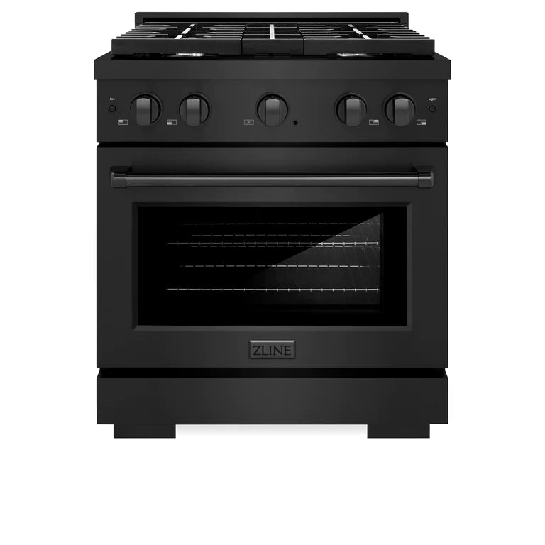 ZLINE Appliance Package - 30 in. Gas Range, Range Hood, Microwave Oven, and Dishwasher in Black Stainless Steel, 4KP-RGBRH30-MODW