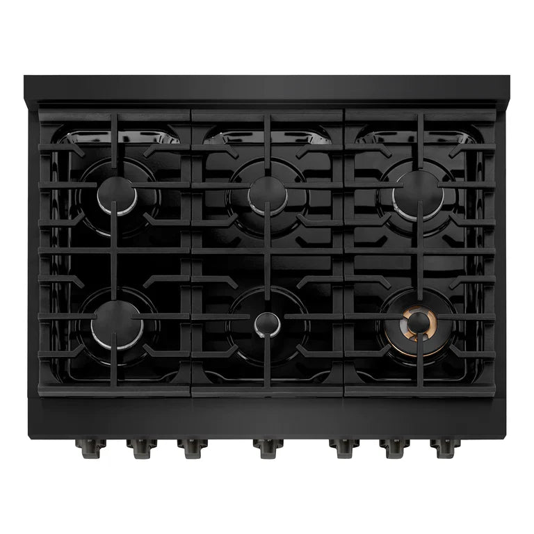 ZLINE Appliance Package - 36 in. Gas Range, Range Hood, Microwave Drawer, Refrigerator in Black Stainless, 4KPR-SGRBRH36-MW