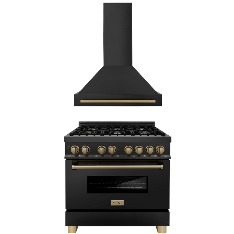 ZLINE Autograph Package - 36 In. Dual Fuel Range and Range Hood in Black Stainless Steel with Champagne Bronze Accents, 2AKP-RABRH36-CB