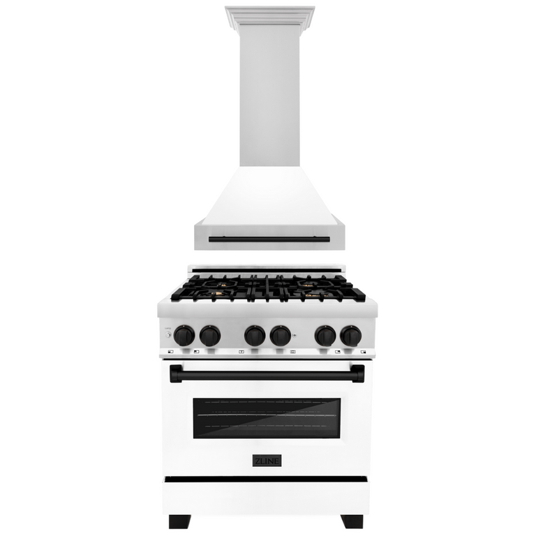 ZLINE Autograph Package - 30 In. Dual Fuel Range and Range Hood in Stainless Steel with White Matte Door and Matte Black Accents, 2AKP-RAWMRH30-MB