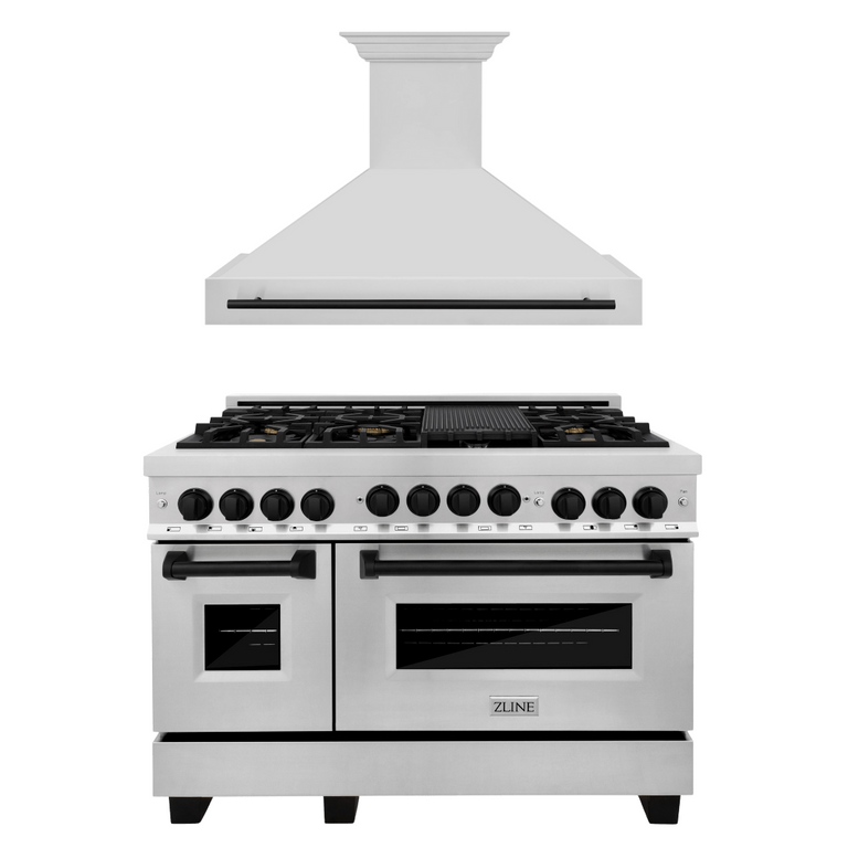 ZLINE Autograph Package - 48 In. Gas Range, Range Hood in Stainless Steel with Matte Black Accents, 2AKP-RGRH48-MB