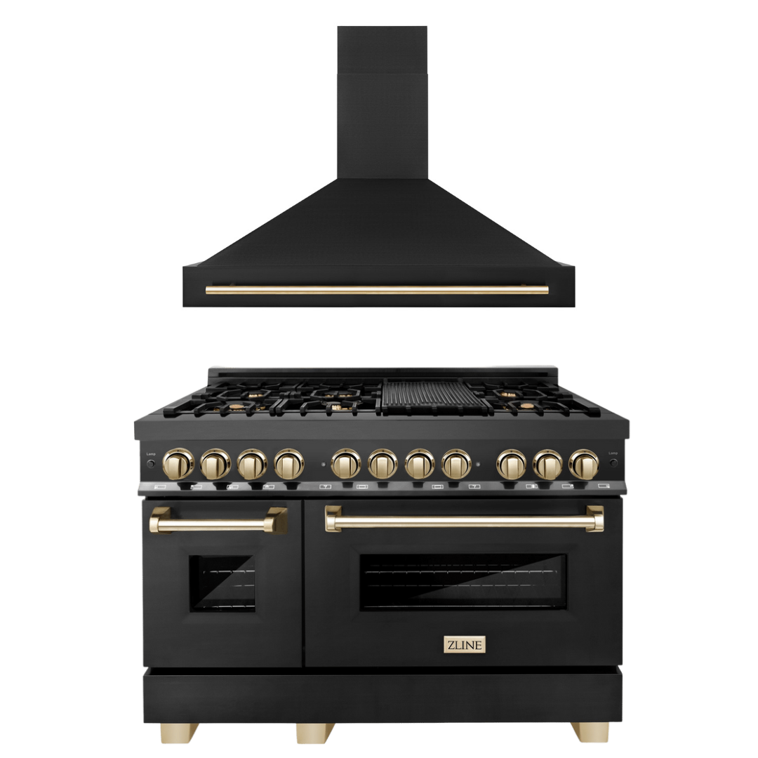 ZLINE Autograph Package - 48 In. Dual Fuel Range and Range Hood in Black Stainless Steel with Gold Accents, 2AKPR-RABRH48-G