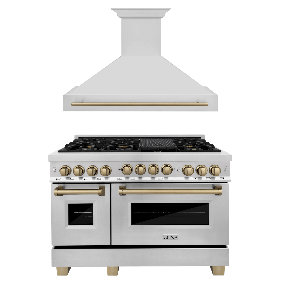 ZLINE Autograph Package - 48 In. Dual Fuel Range and Range Hood in Stainless Steel with Champagne Bronze Accents, 2AKPR-RARH48-CB