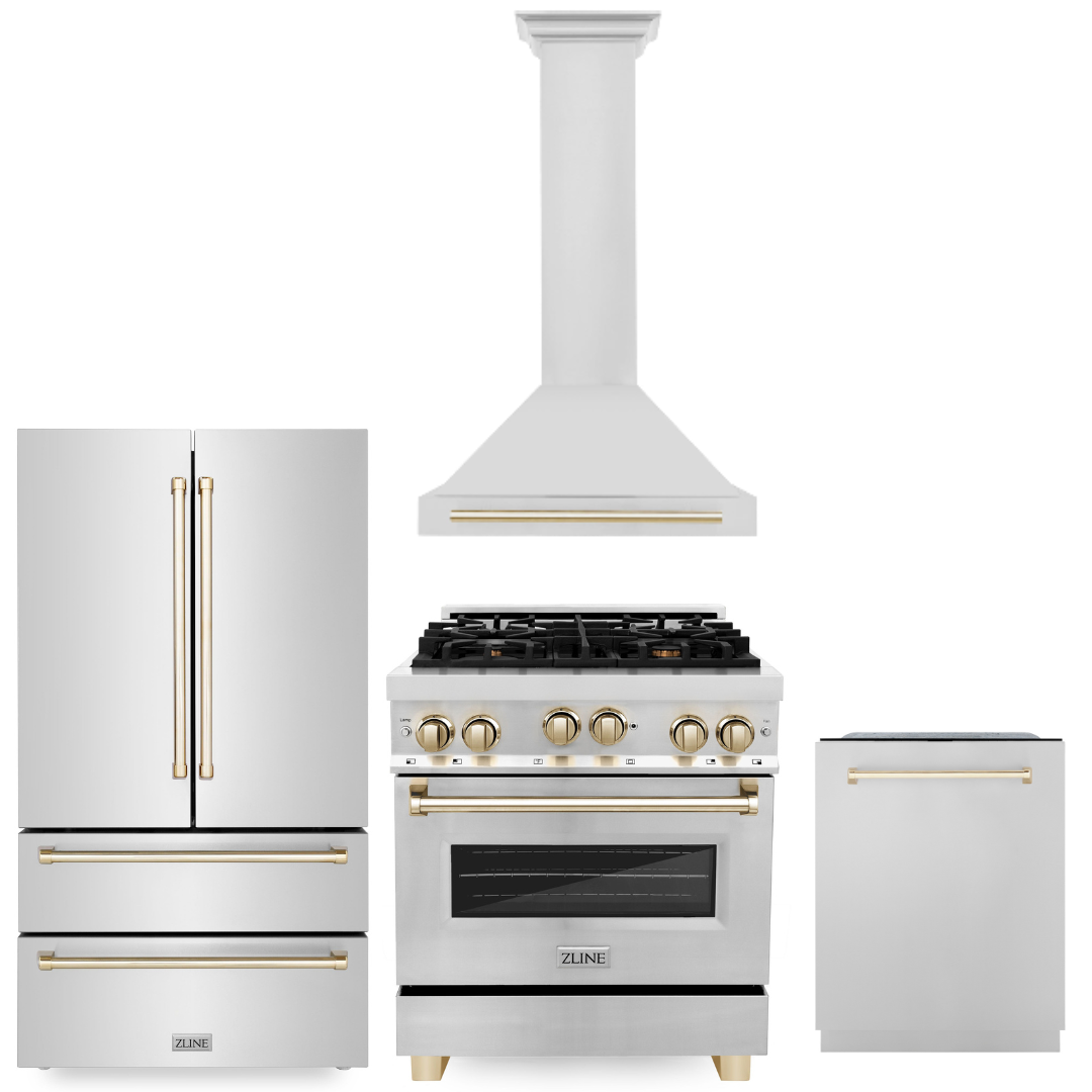 ZLINE Autograph Package - 30 Inch Gas Range, Range Hood, Dishwasher, Refrigerator in Stainless Steel with Gold Accents, 4KAPR-RGRHDWM30-G