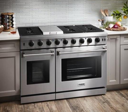 Thor Kitchen 5-Piece Appliance Package - 36-Inch GAS Range, Refrigerator, Wall Mount Hood, Dishwasher, and Wine Cooler in Stainless Steel