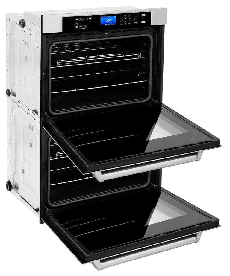 ZLINE 4-Piece Appliance Package - 36 In. Rangetop, Range Hood, Refrigerator, and Double Wall Oven in Stainless Steel, 4KPR-RTRH36-AWD