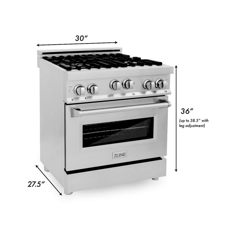 ZLINE Appliance Package - 30 In. Gas Range, Range Hood, Microwave Oven in Stainless Steel, 3KP-RGRHMWO-30