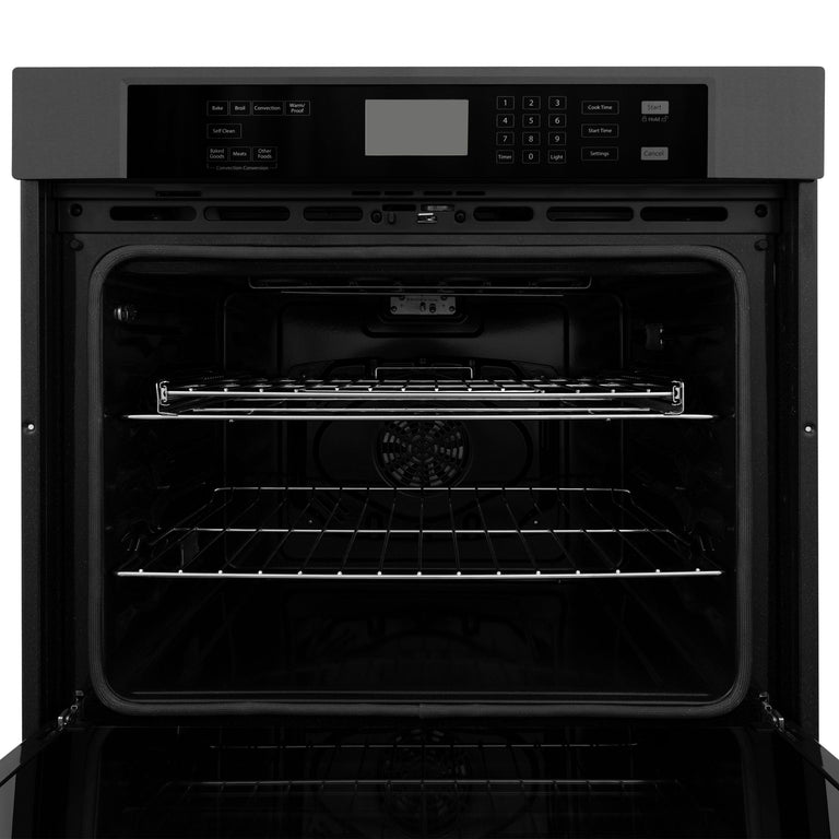 ZLINE 4-Piece Appliance Package - 30 In. Rangetop, Wall Oven, Refrigerator, and Microwave Oven in Black Stainless Steel, 4KPR-RTB30-MWAWS