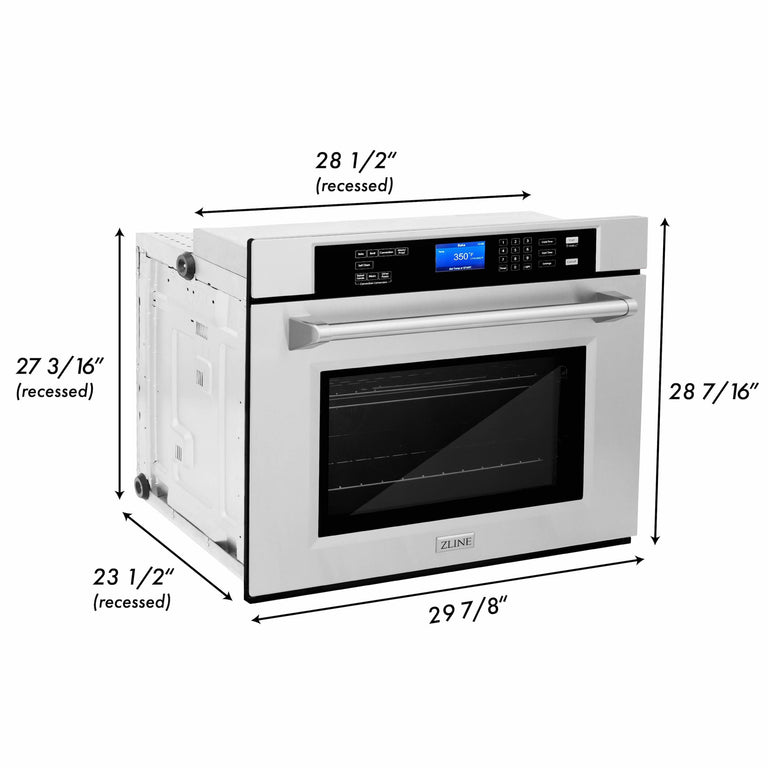 ZLINE Appliance Package - 30 In. Rangetop, Range Hood, Refrigerator with Water and Ice Dispenser and Wall Oven in Stainless Steel, 4KPRW-RTRH30-AWS