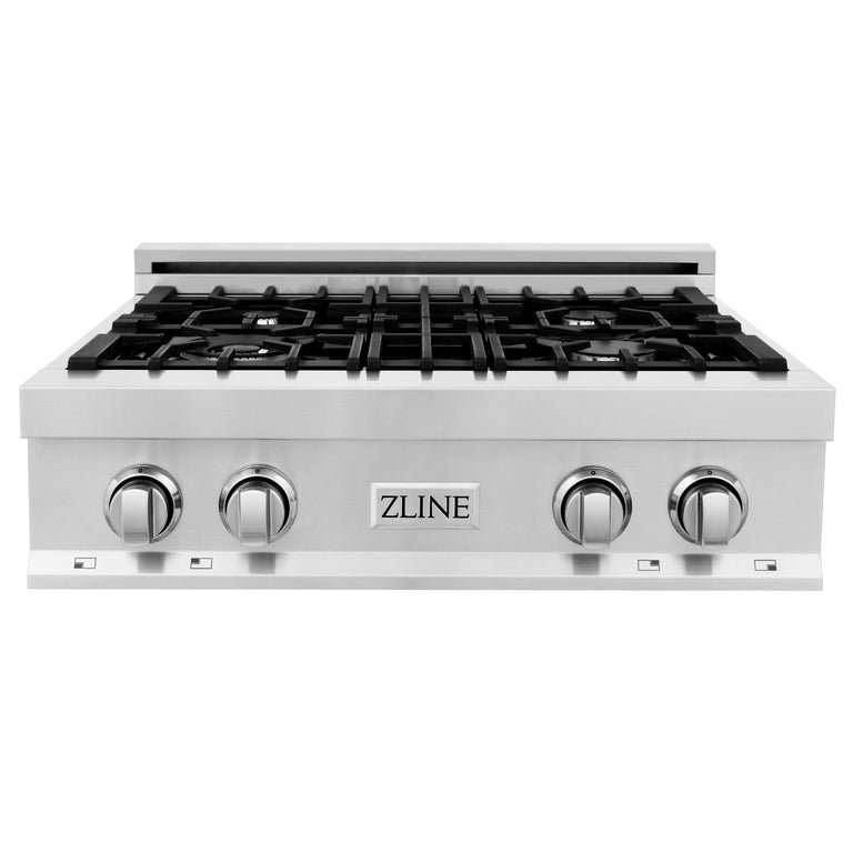 ZLINE 4-Piece Appliance Package - 30 In. Rangetop, Range Hood, Refrigerator, and Double Wall Oven in Stainless Steel, 4KPR-RTRH30-AWS