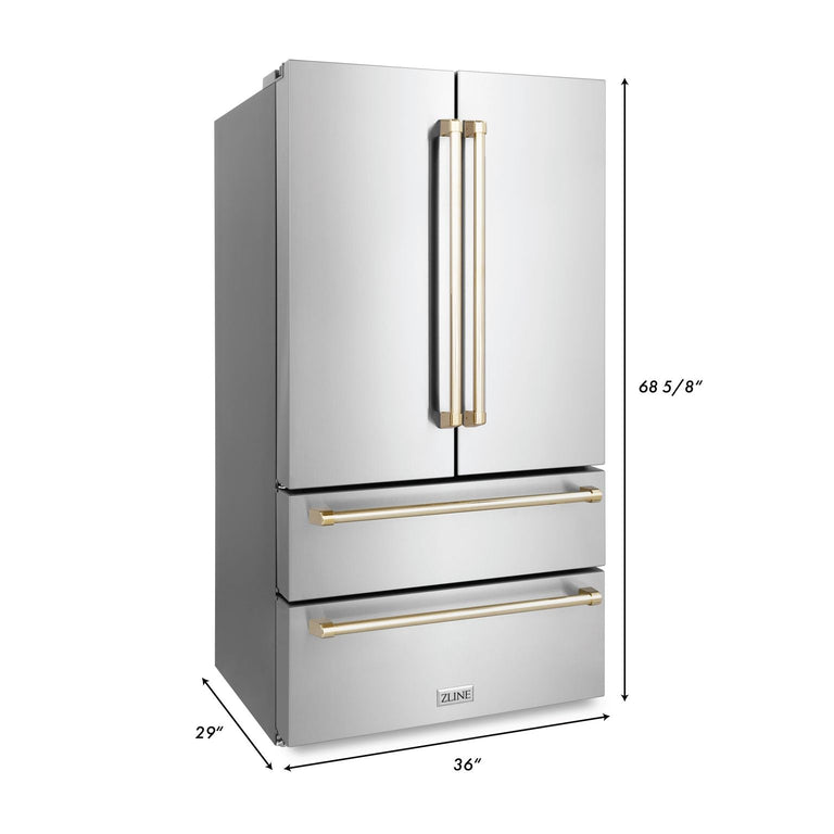 ZLINE Autograph Package - 36 In. Gas Range, Range Hood, Dishwasher, Refrigerator with Gold Accents, 4KAPR-RGRHDWM36-G