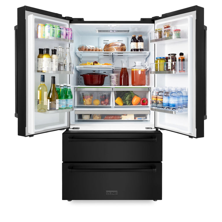 ZLINE Package - 36" Gas Rangetop, Range Hood, Refrigerator, Dishwasher, Wall Oven in Black Stainless