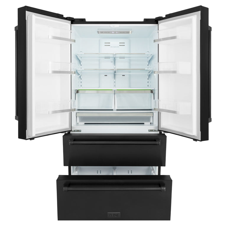 ZLINE Package - 36" Gas Rangetop, Range Hood, Refrigerator, Dishwasher, Wall Oven in Black Stainless