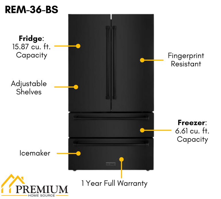 ZLINE Appliance Package - 36" Rangetop, Range Hood, Refrigerator, Dishwasher, Double Wall Oven in Black Stainless